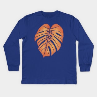 ORANGE MONSTERA LEAF – Watercolor Tropical Frond In Red & Yellow Against Slate Kids Long Sleeve T-Shirt